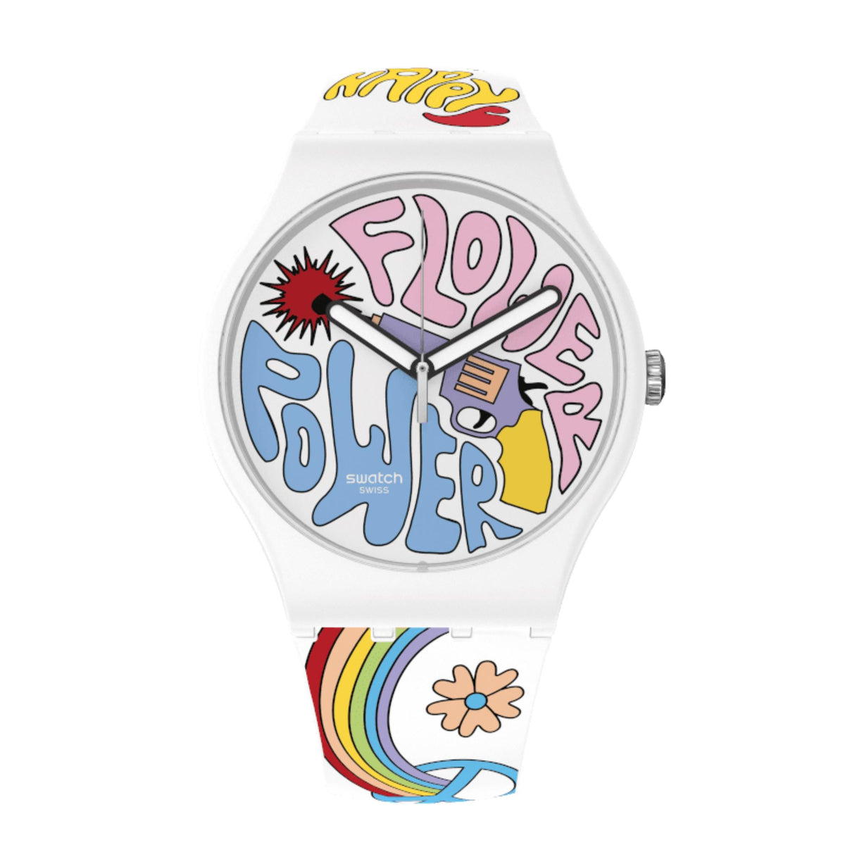 Swatch white silicone quartz watch, colorful graffiti-style dial close-up