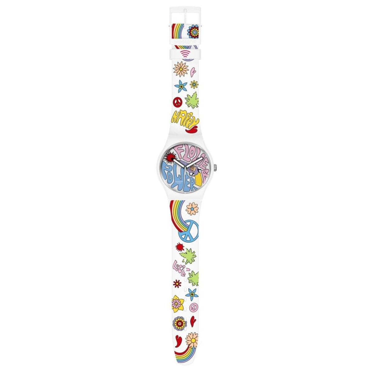 Swatch gent watch with long white strap covered in colorful illustrated patterns