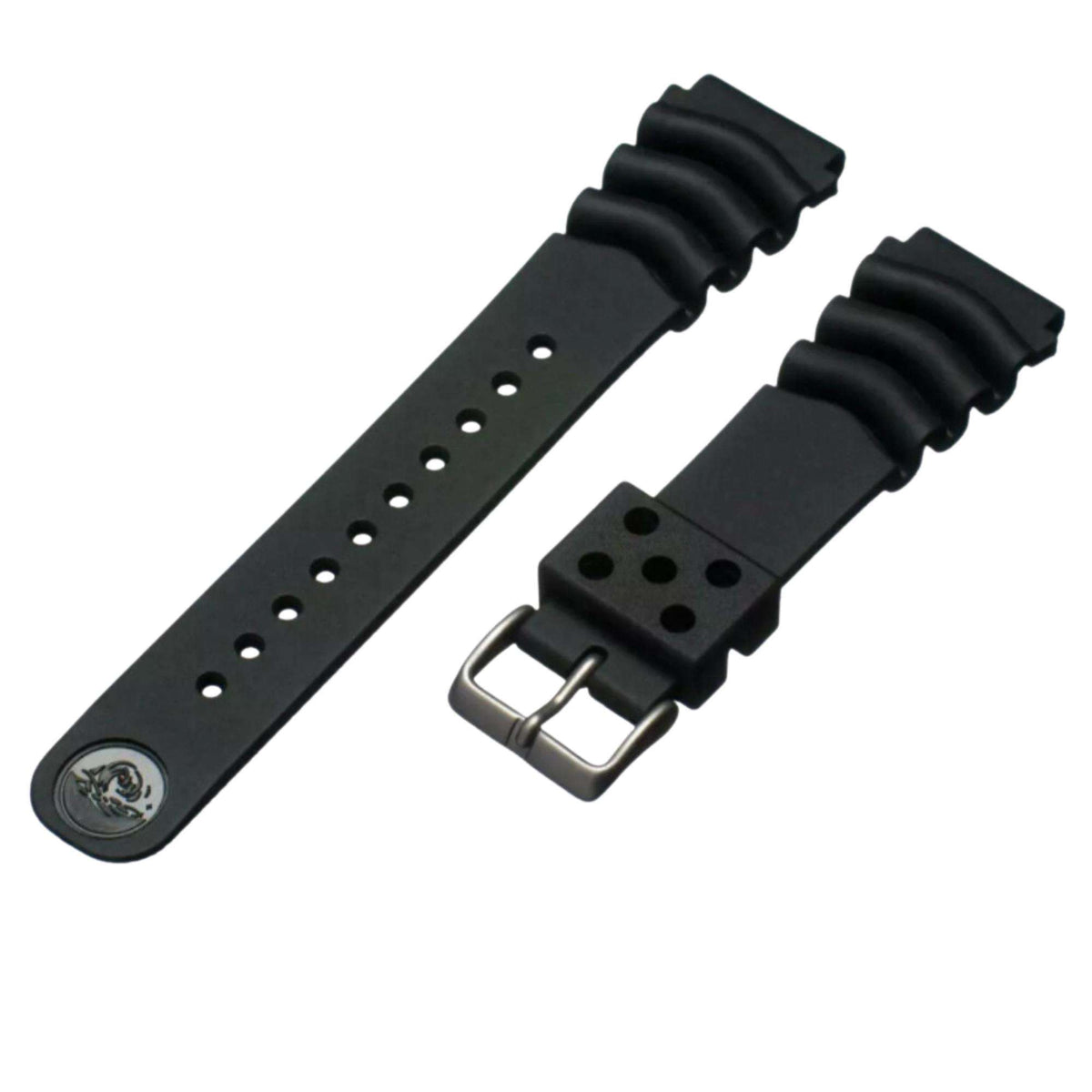 Black silicone diver watch strap with hole pattern and metal pin buckle