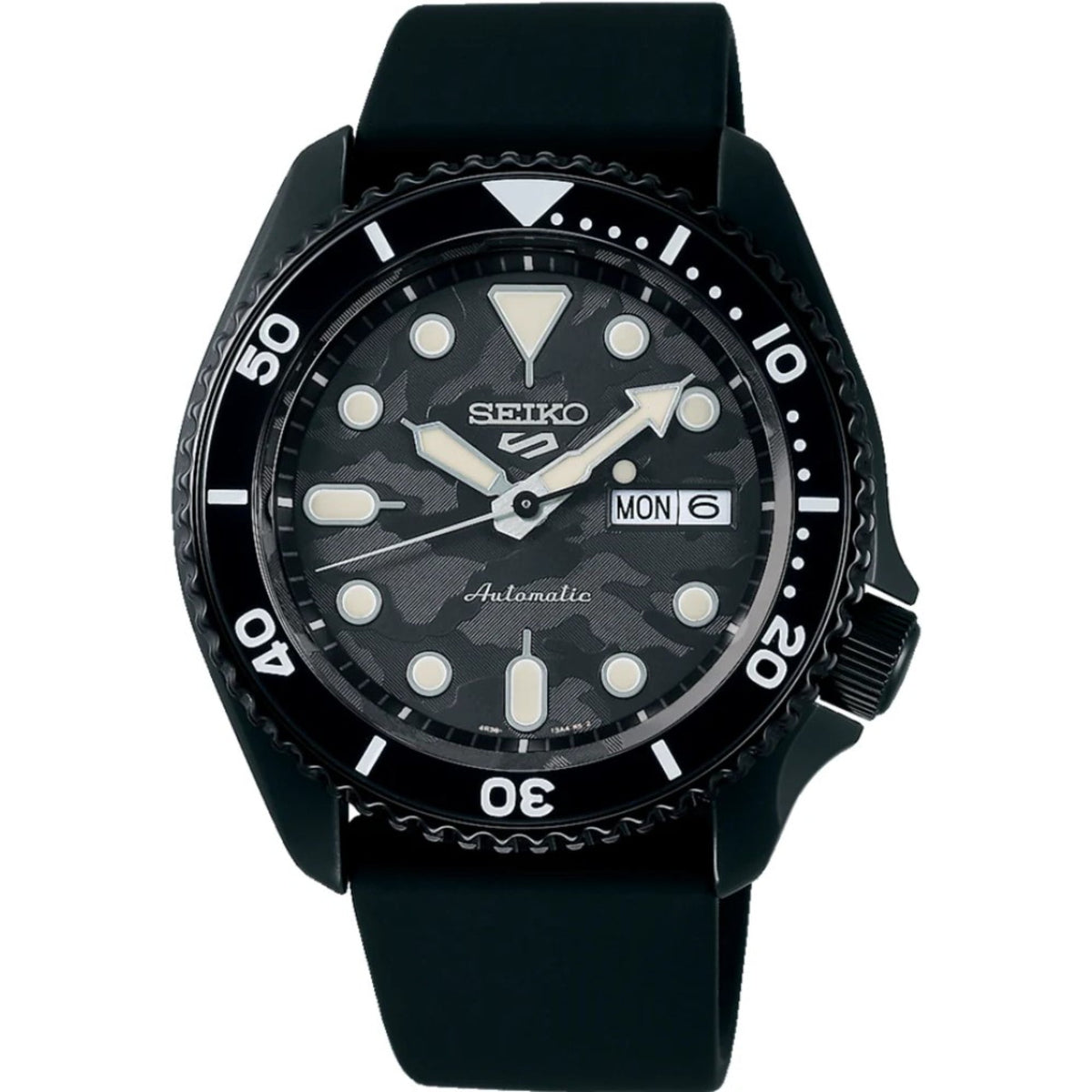 Men's Seiko diver watch with black dial, black silicone strap, knurled bezel
