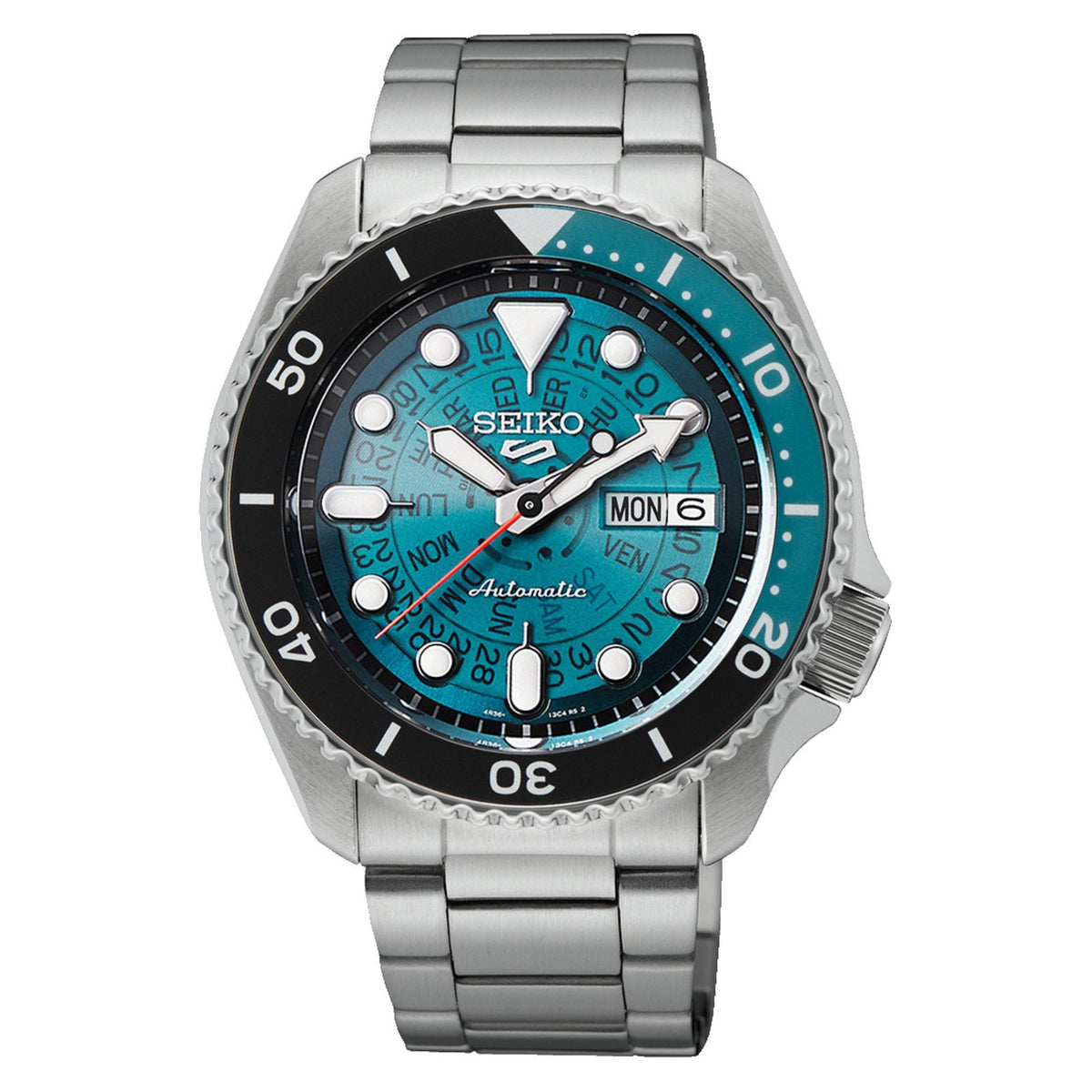 Men’s automatic watch with blue dial, luminous markers, steel bracelet and rotating bezel