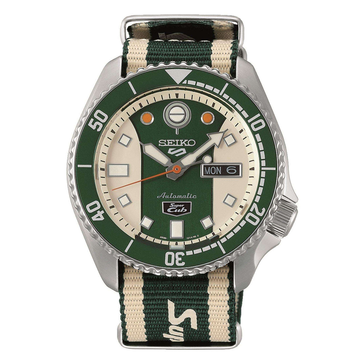 Men's Seiko 5 Sports automatic watch, green dial and striped fabric NATO strap