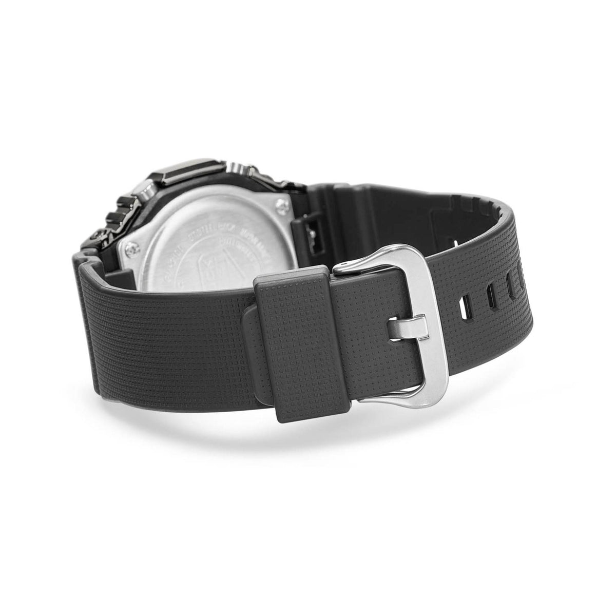 Casio G-Shock chronograph watch showing black strap texture and silver-tone clasp