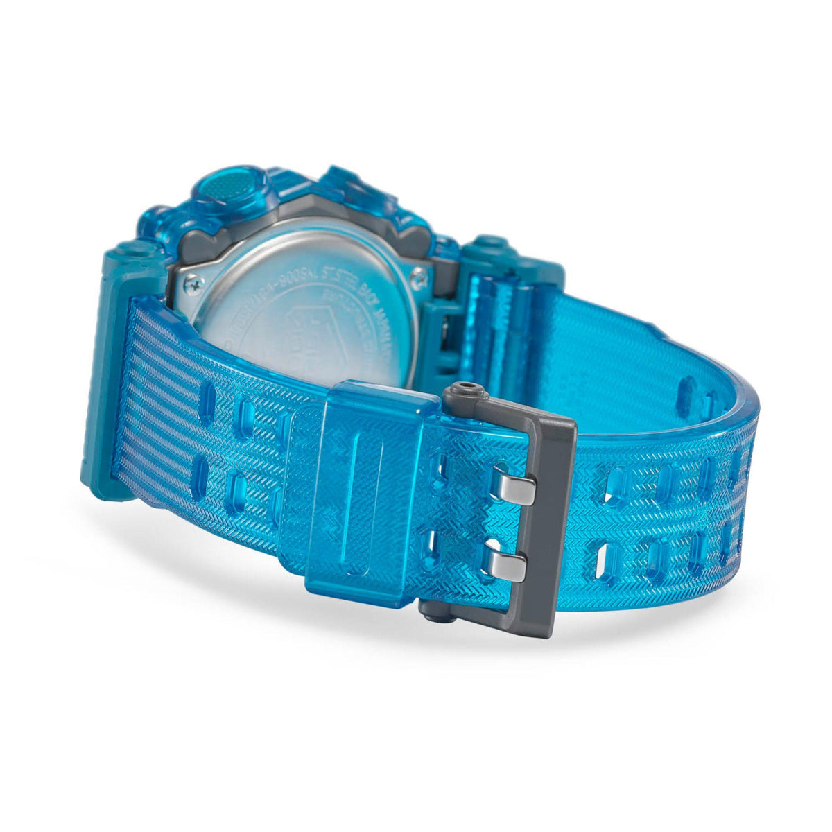 Blue Casio G-Shock resin strap with adjustable buckle, side view