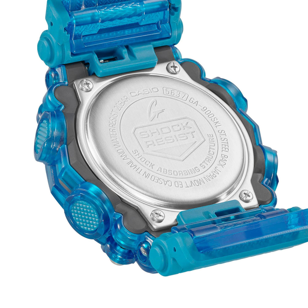 Blue Casio G-Shock stainless caseback with protection marks, close-up