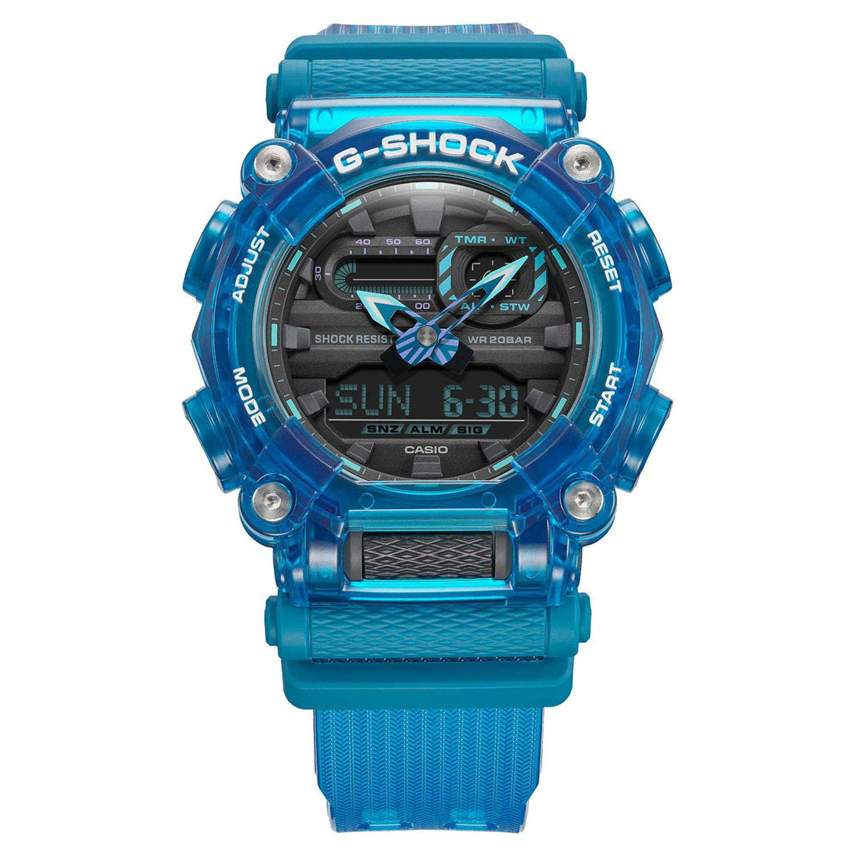 Blue Casio G-Shock skeleton-style digi-analog watch, front view with blue bezel