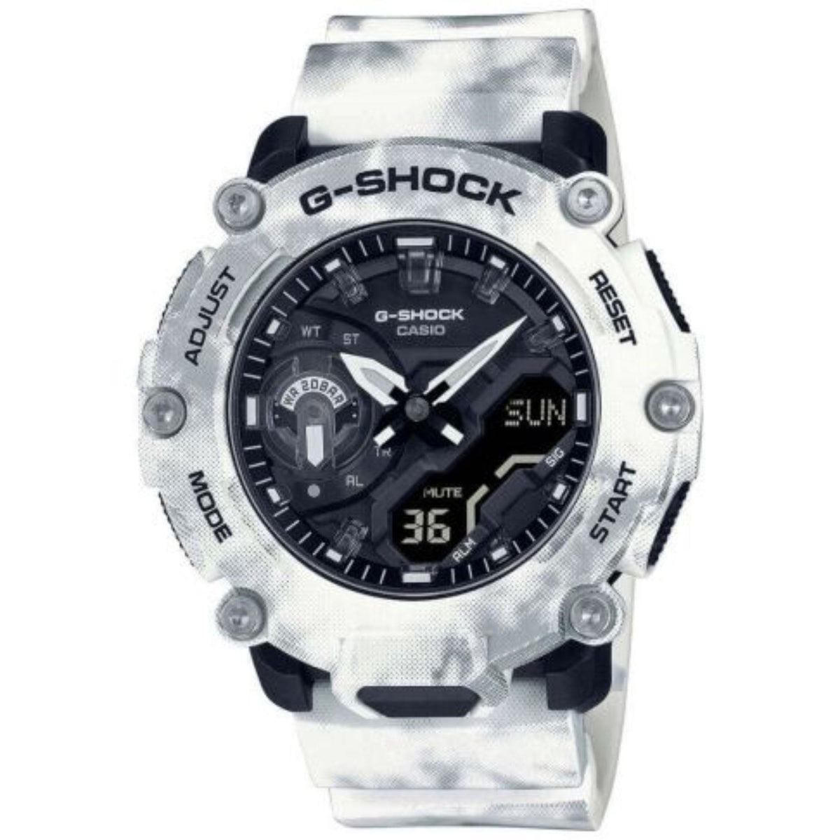 Men's dual-display sport watch with black dial and white snow-camo resin strap