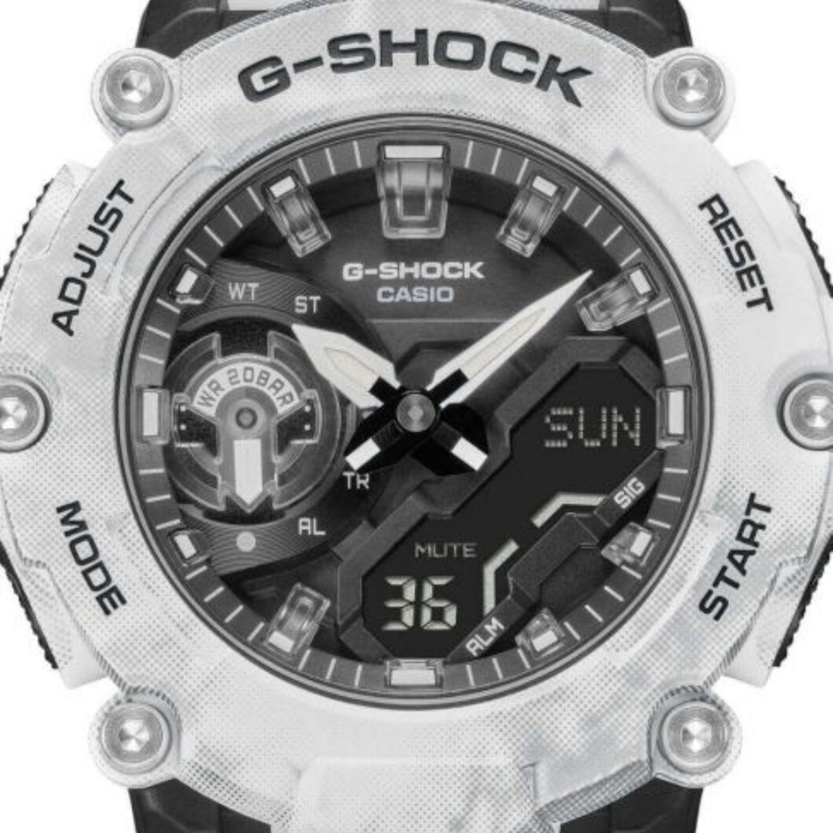 Men's dual-display watch close-up with white bezel and black dial with numeral 36