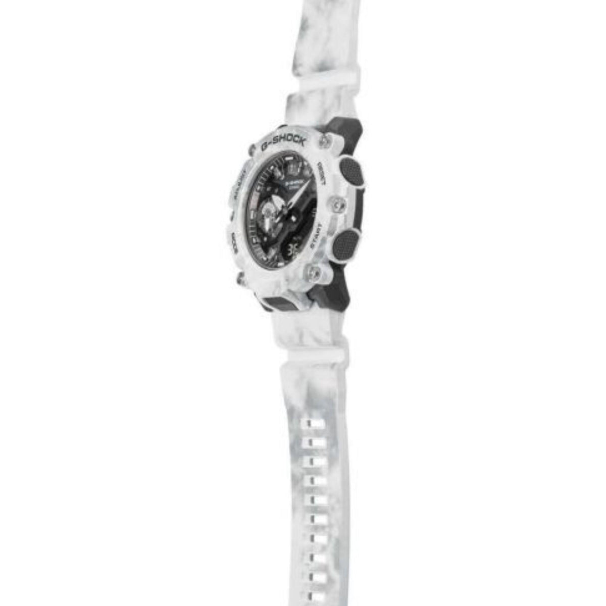 Casio G-Shock dual display men's watch with white strap and round black dial