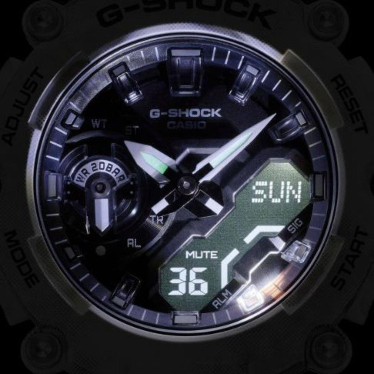 Dual display watch close-up with dark blue-black dial and digital 'SUN' readout