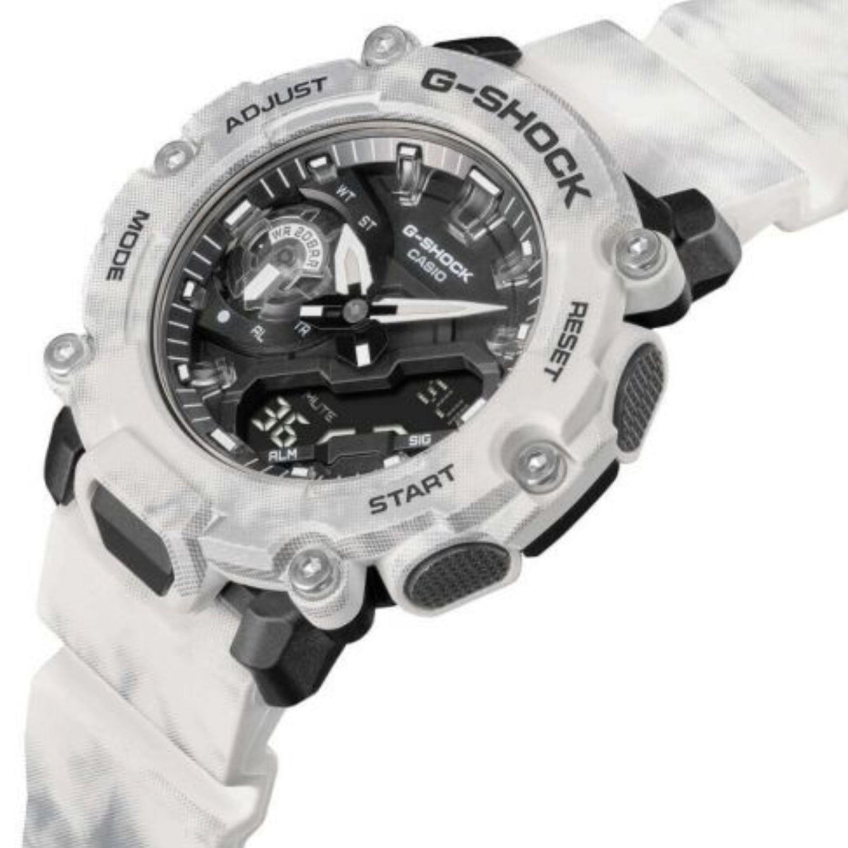 Casio G-Shock dual display men's watch with white case, black dial, and side buttons