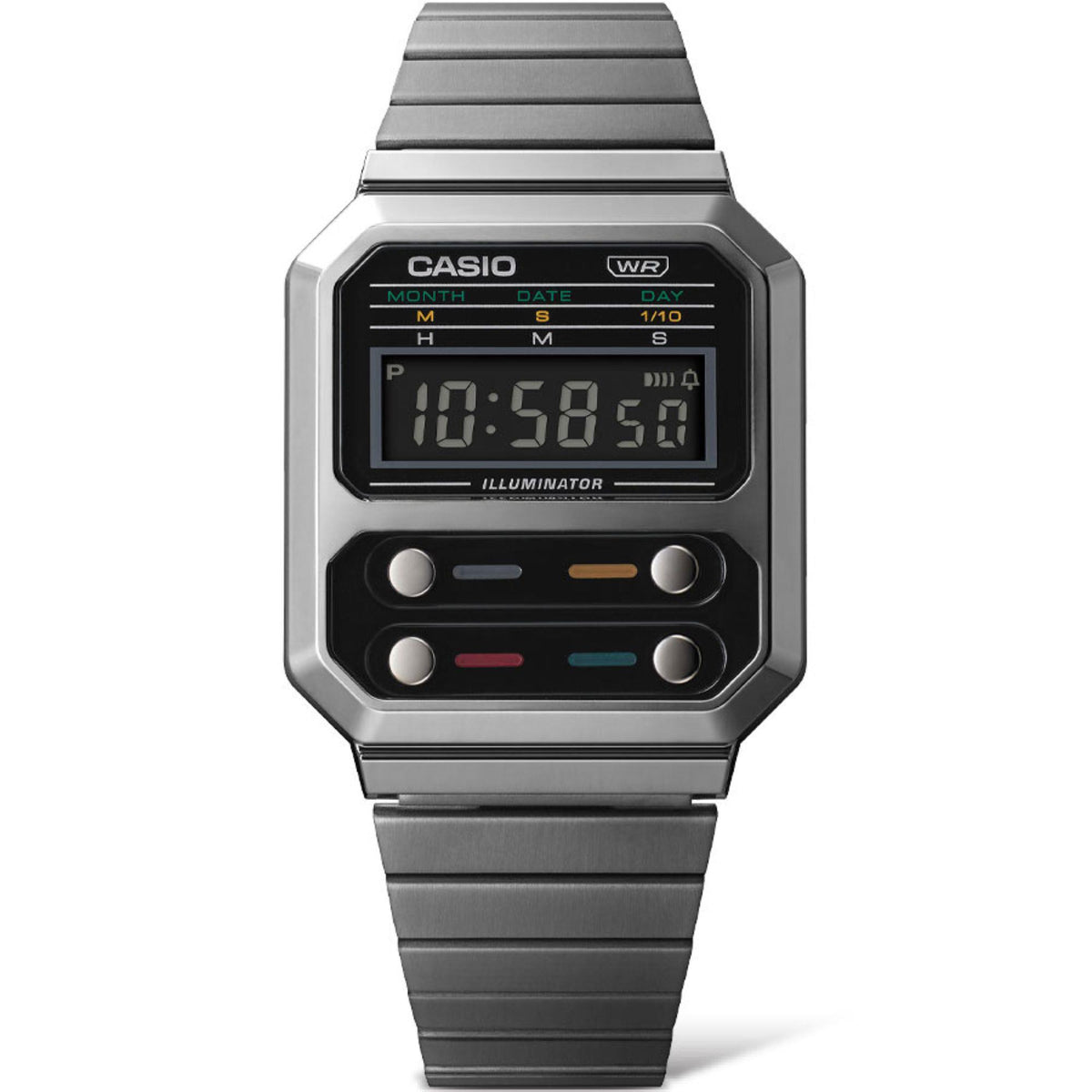 Casio grey digital men's watch front view with black LCD, 'ILLUMINATOR' text, metal strap