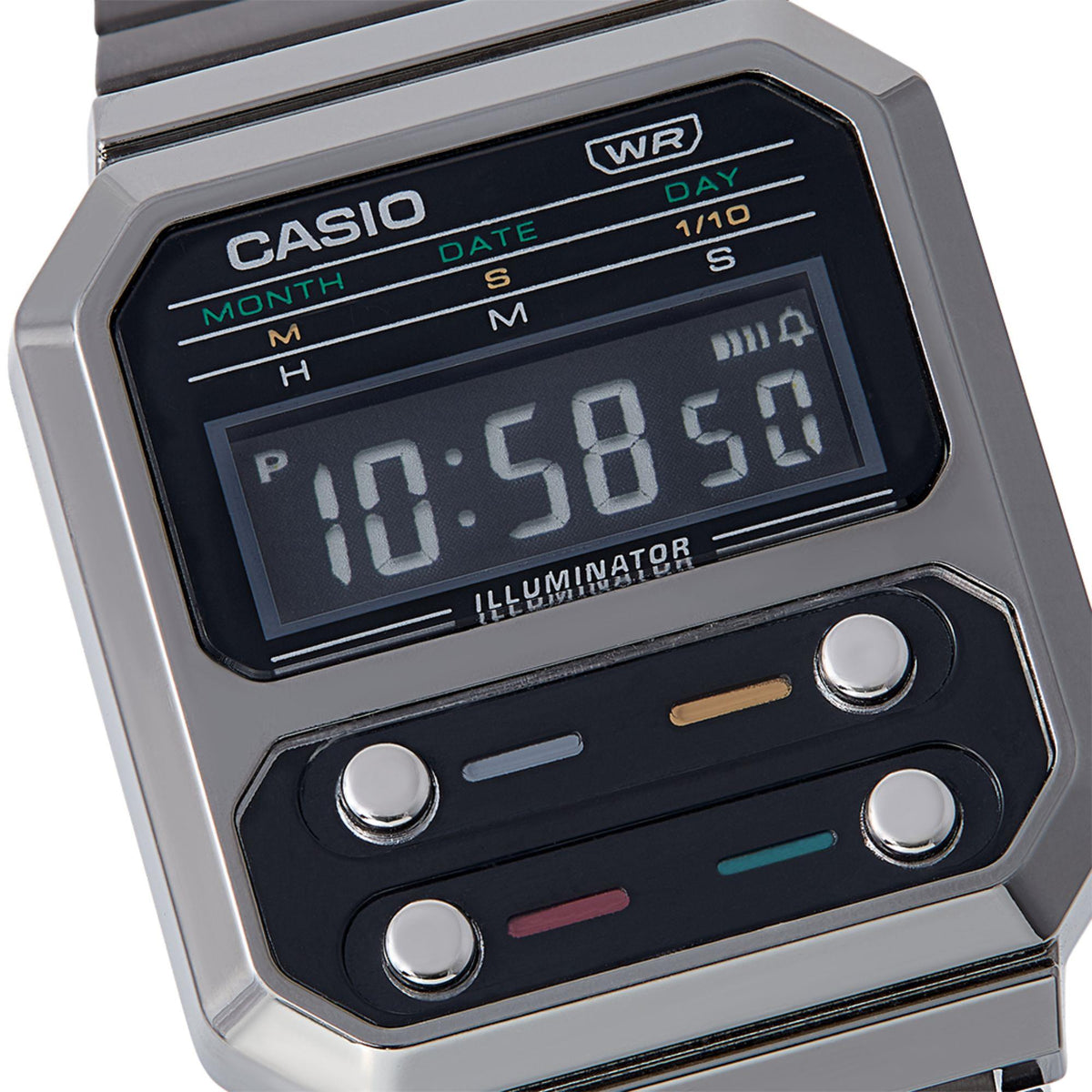 Casio grey digital watch close-up: black LCD, WR marking, colored button controls