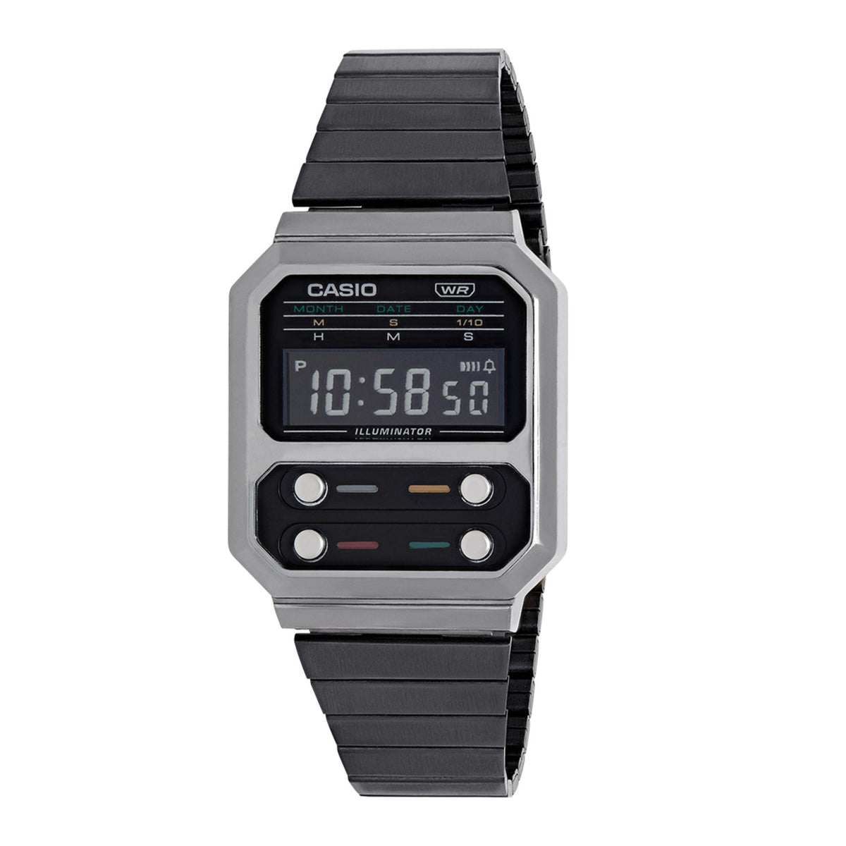 Casio grey digital men's watch front with black LCD and metal bracelet, button cluster below