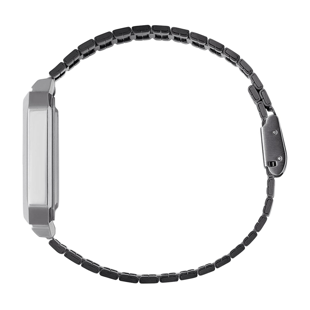 Casio grey metal link bracelet for digital watch with clasp and side screw detail