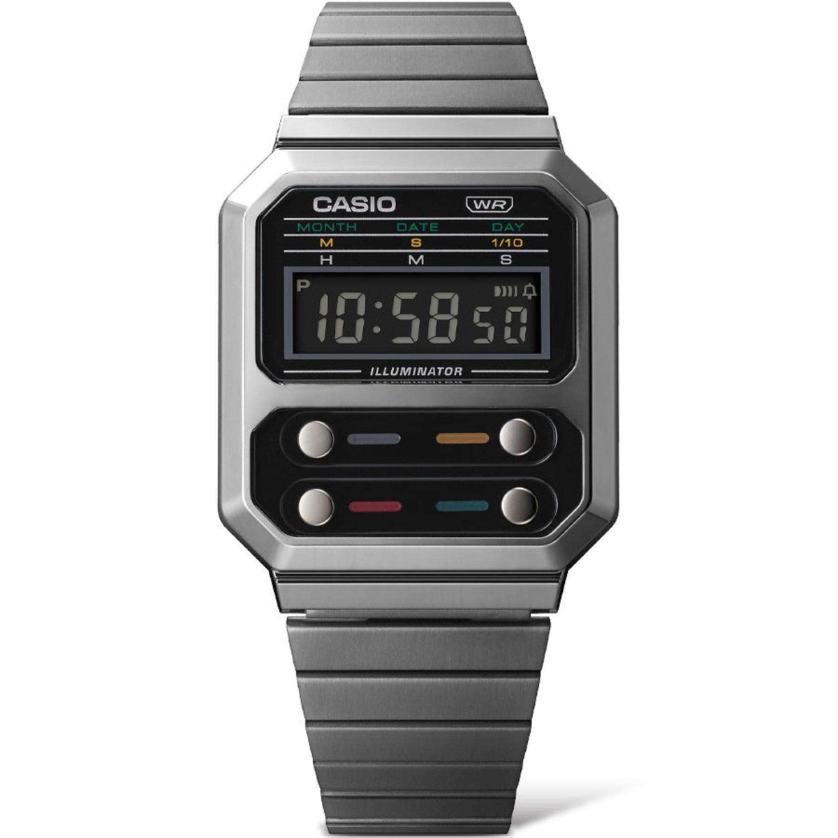 Casio grey ion-plated digital watch with black display and ridged metal link bracelet