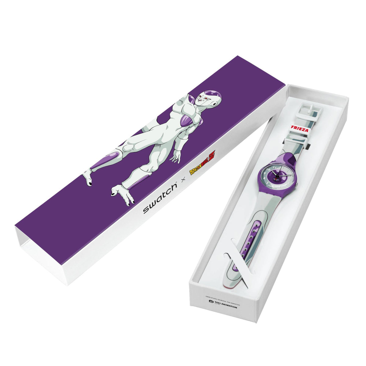 Swatch Frieza watch set in open box with purple character sleeve and round purple dial.
