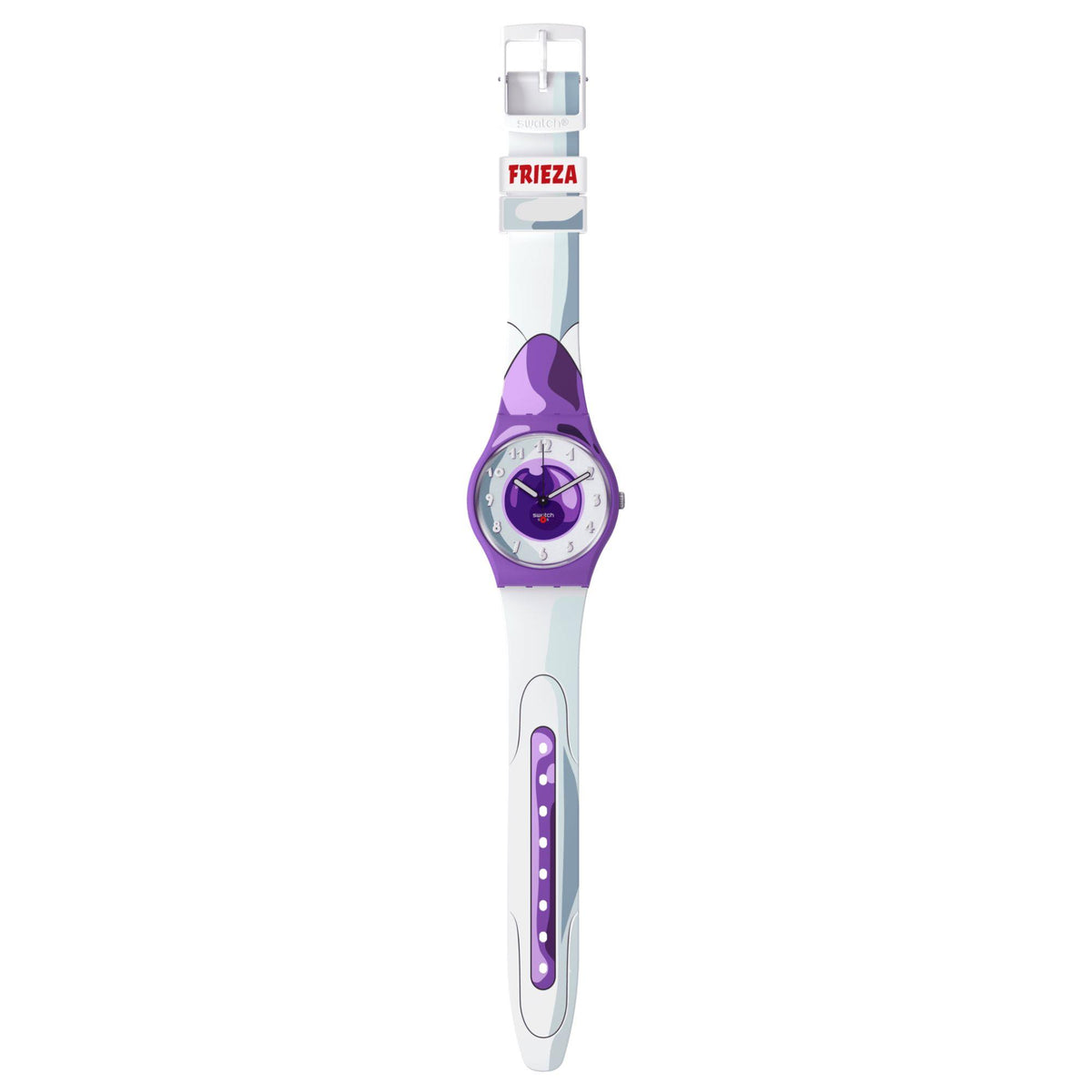 White and purple Swatch Frieza watch with purple dial and strap details, crown at right.