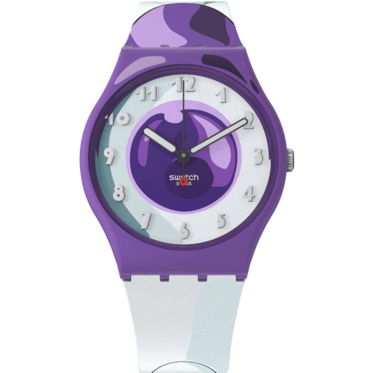 Purple analog Swatch watch with camo-style dial, silver hands, and white strap.