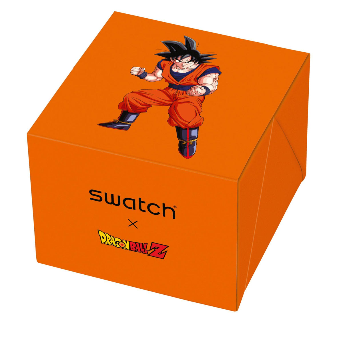Orange Swatch watch box featuring a character from Dragon Ball Z on a white background