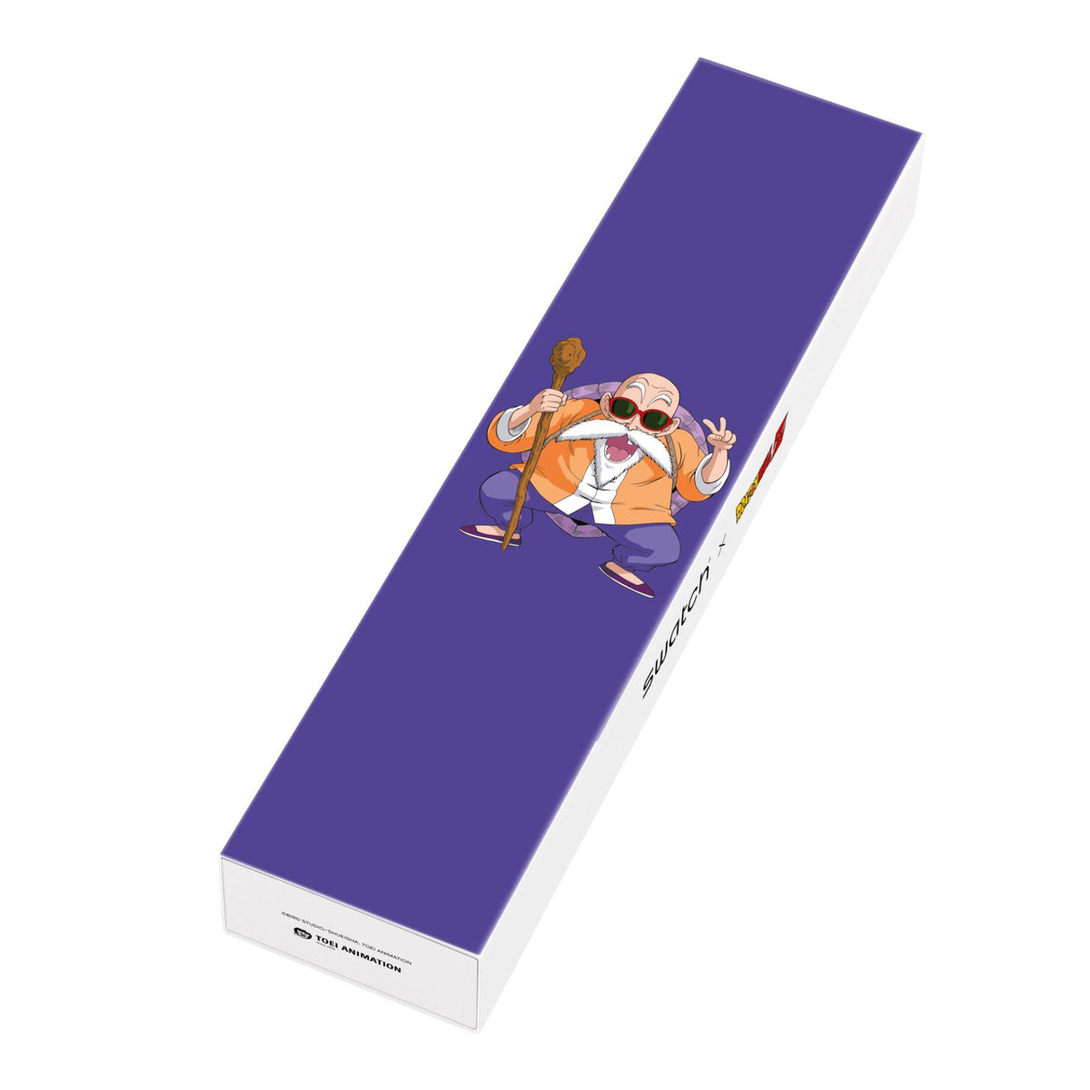 Swatch watch box with purple cover and Dragon Ball character graphic.