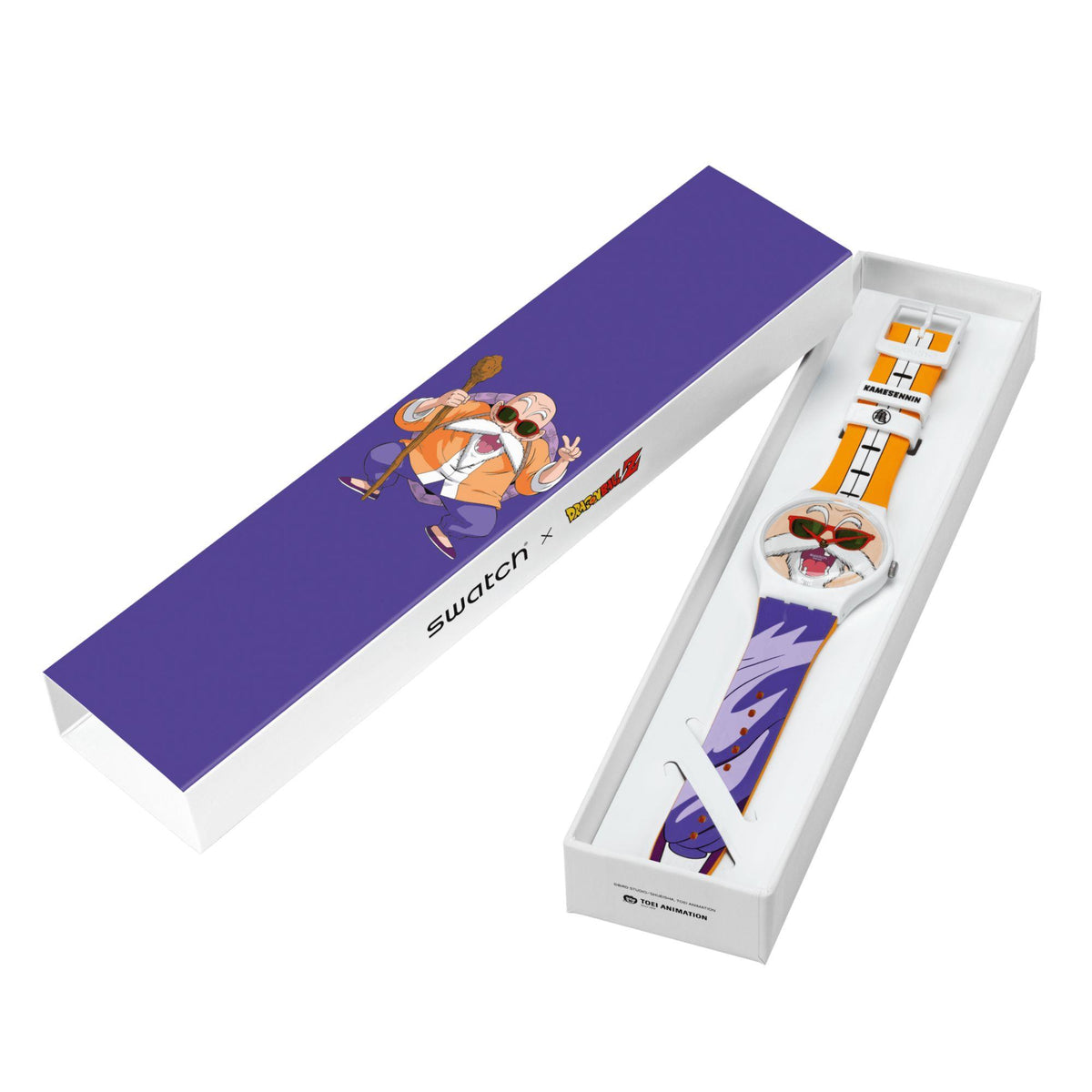 Swatch watch gift box with purple sleeve and watch inside.