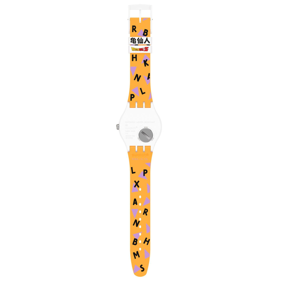 Swatch watch with orange and purple strap patterned with letters.