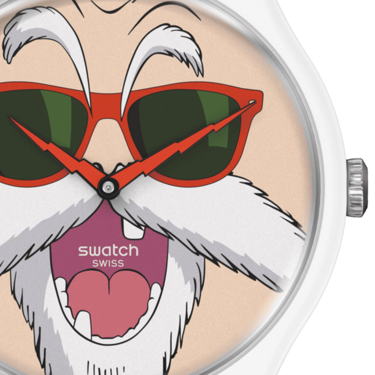 Swatch watch dial close-up with gray wolf face, red sunglasses, and hands.