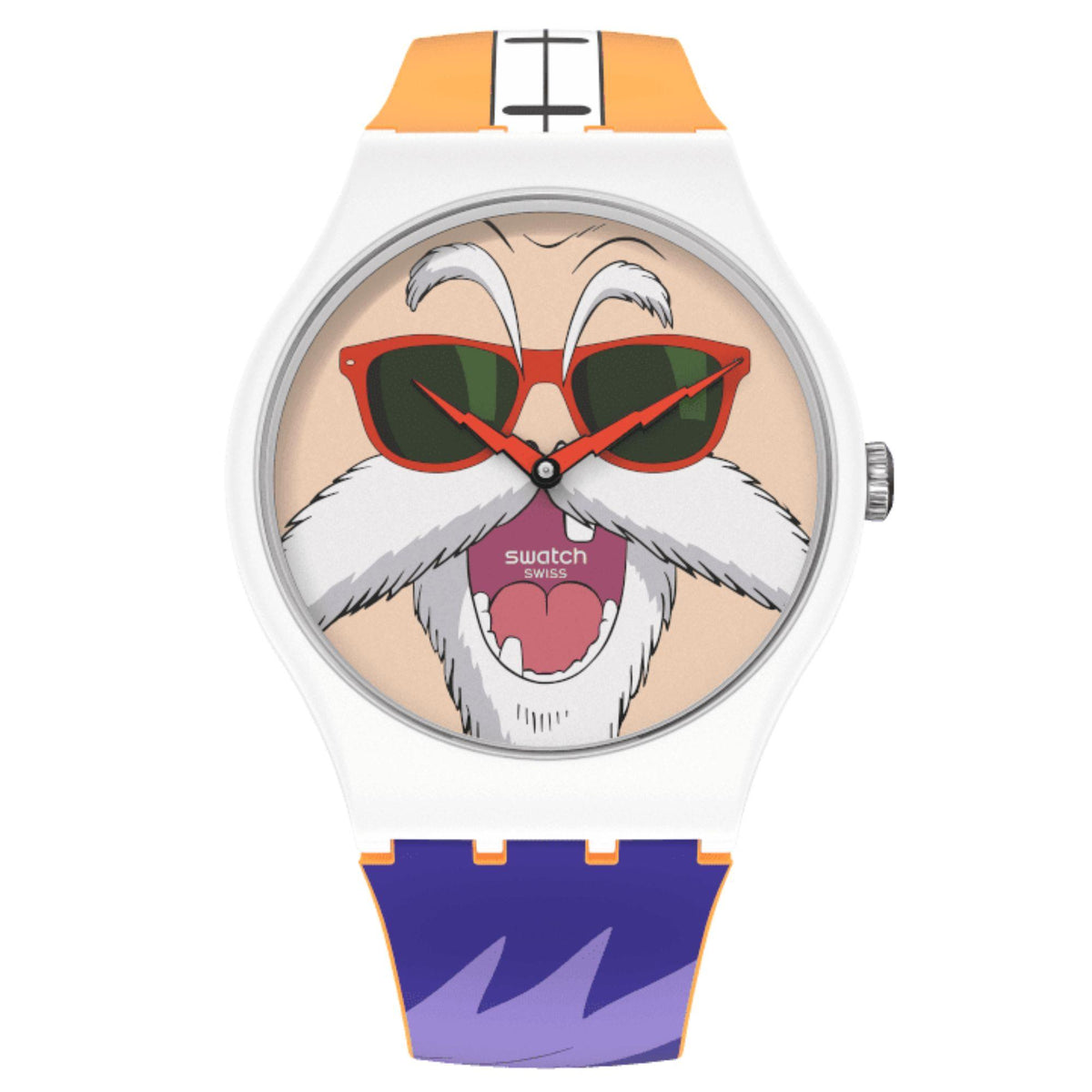 Swatch Kamesennin watch with round dial and white-orange case plus blue-purple strap.