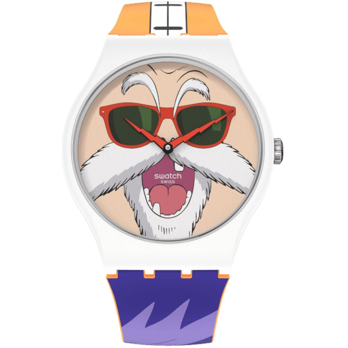White Swatch watch with cartoon character face, red sunglasses, and purple-blue strap