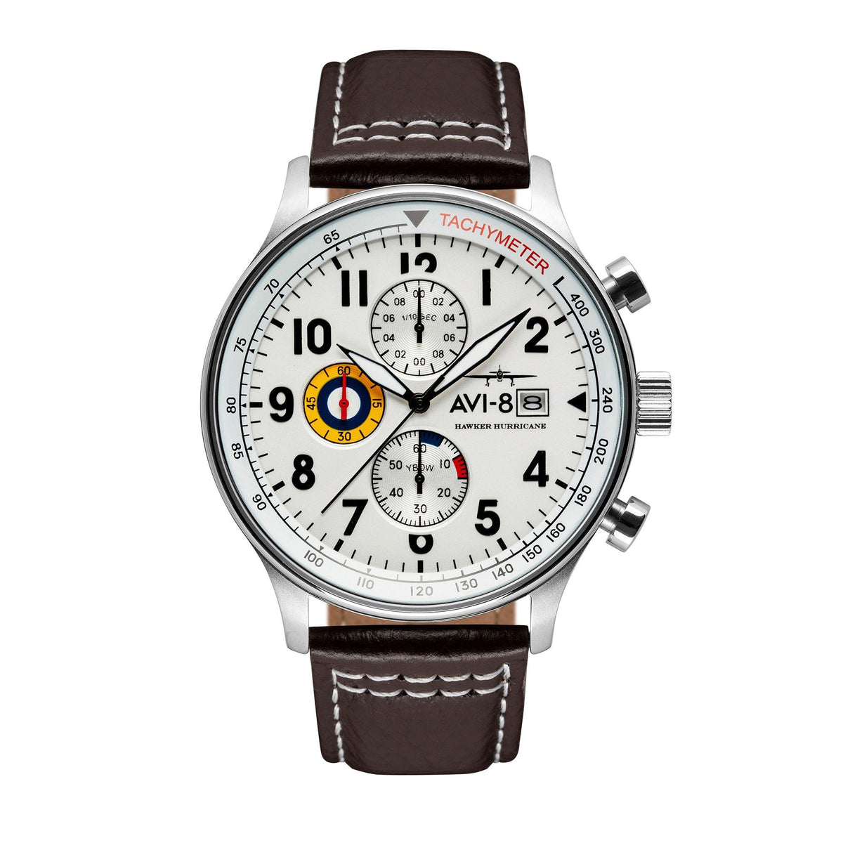 Men’s chronograph watch front view: white dial, brown leather strap, tachymeter bezel and subdials.