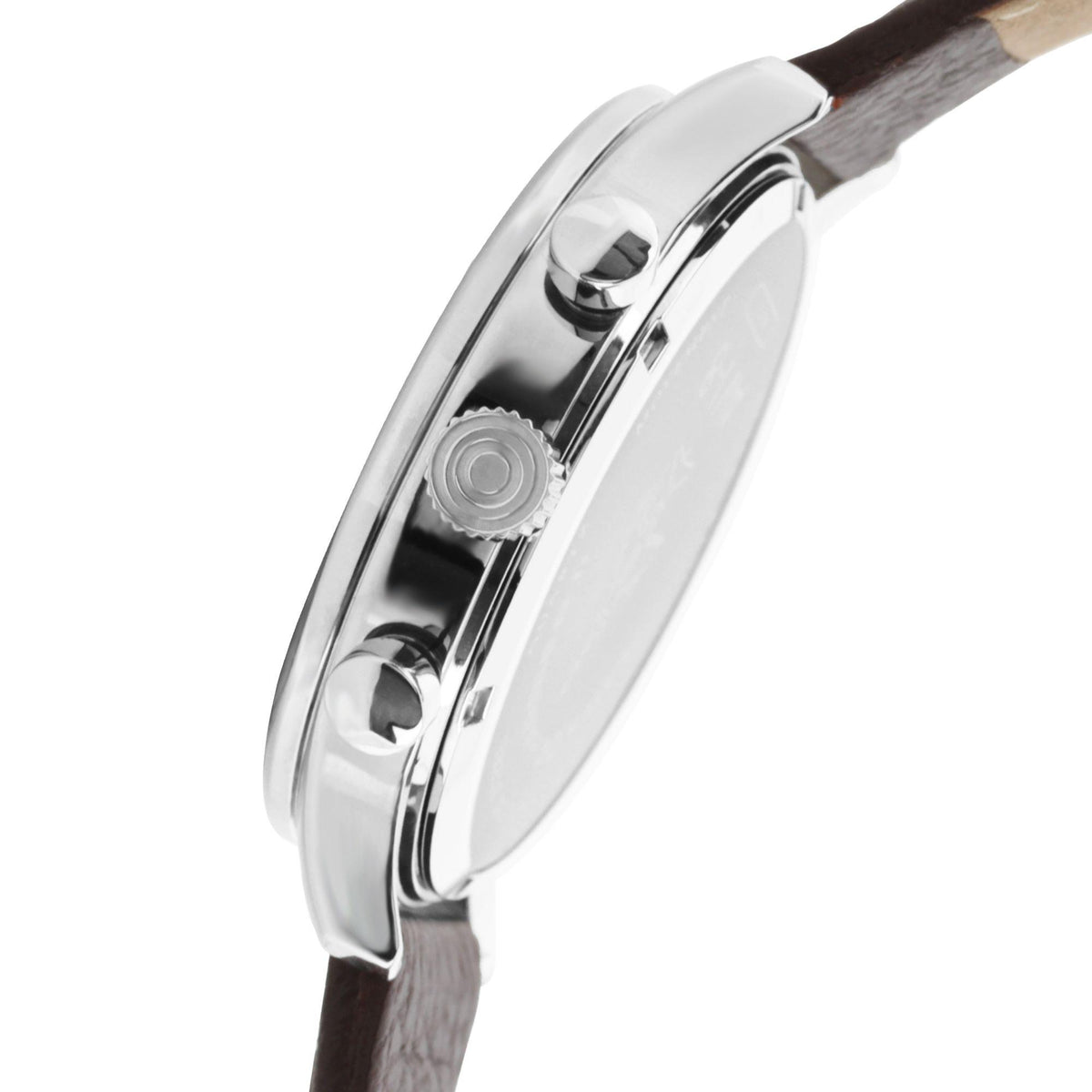 Men’s chronograph watch side view with crown detail and brown leather strap.