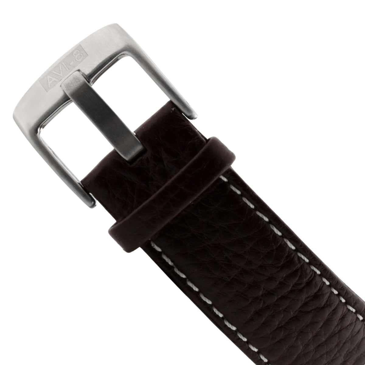 Brown leather watch strap with stitched texture and silver metal buckle
