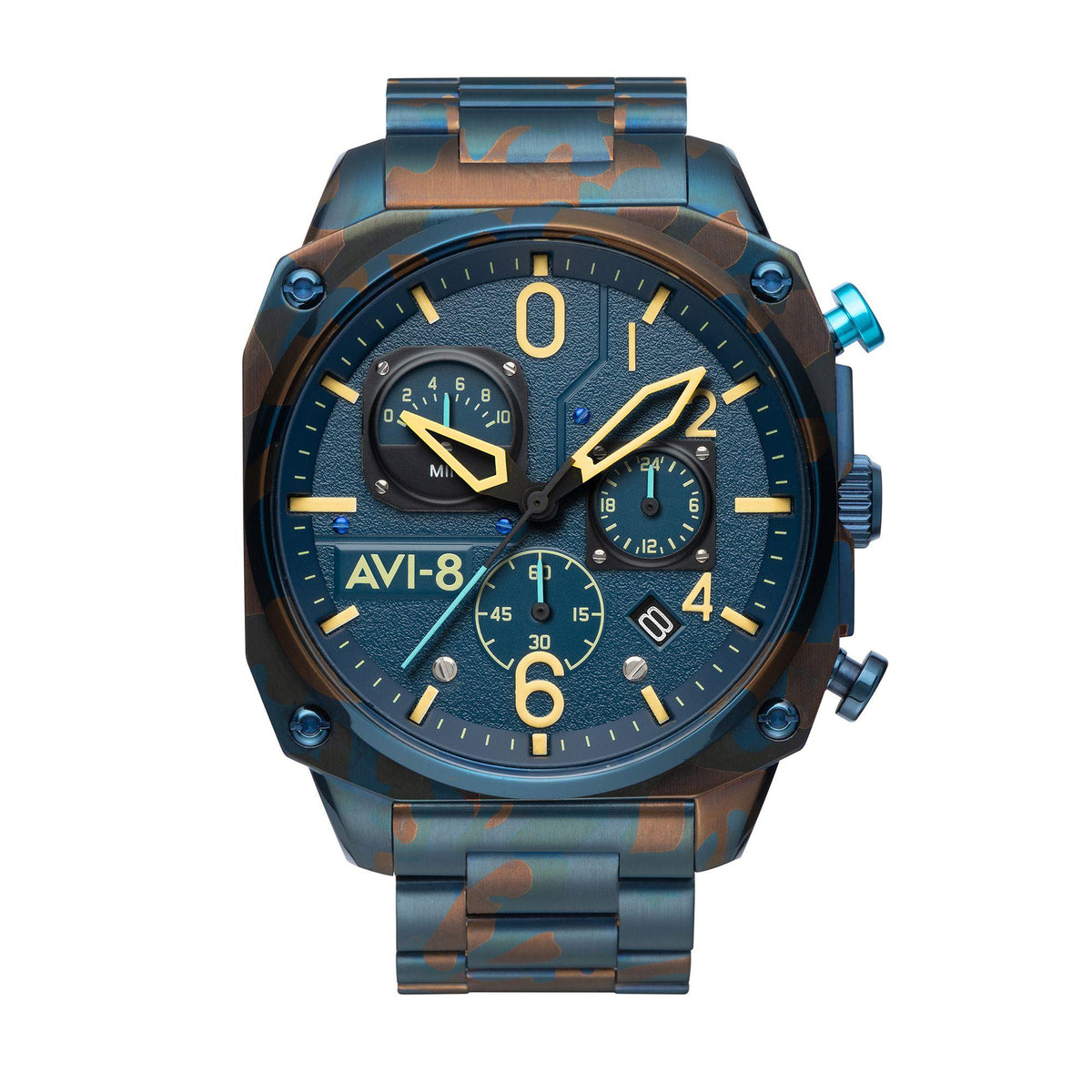 Men's AVI-8 aviator chronograph watch, blue face with three subdials and camo band