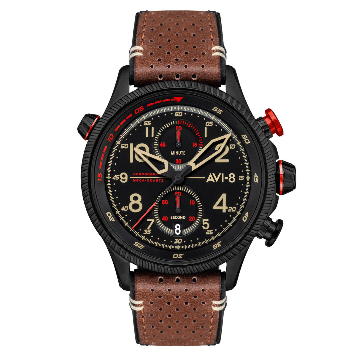 Men's chronograph watch: brown leather strap, black case with side buttons, red-detailed dial