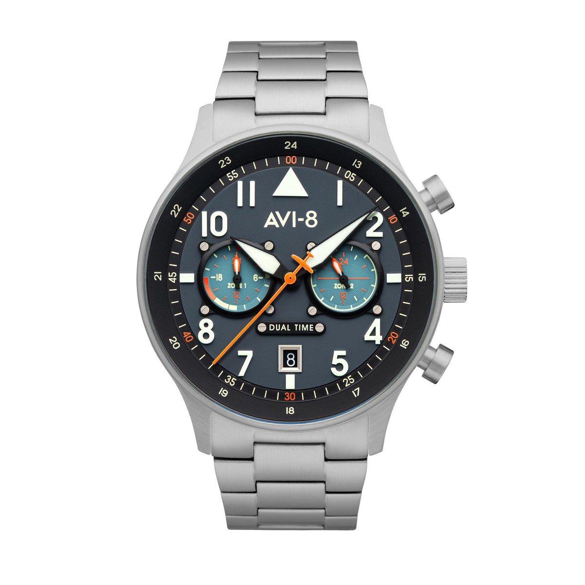 AVI-8 dual time men's wristwatch with black face, orange bezel markers, steel bracelet