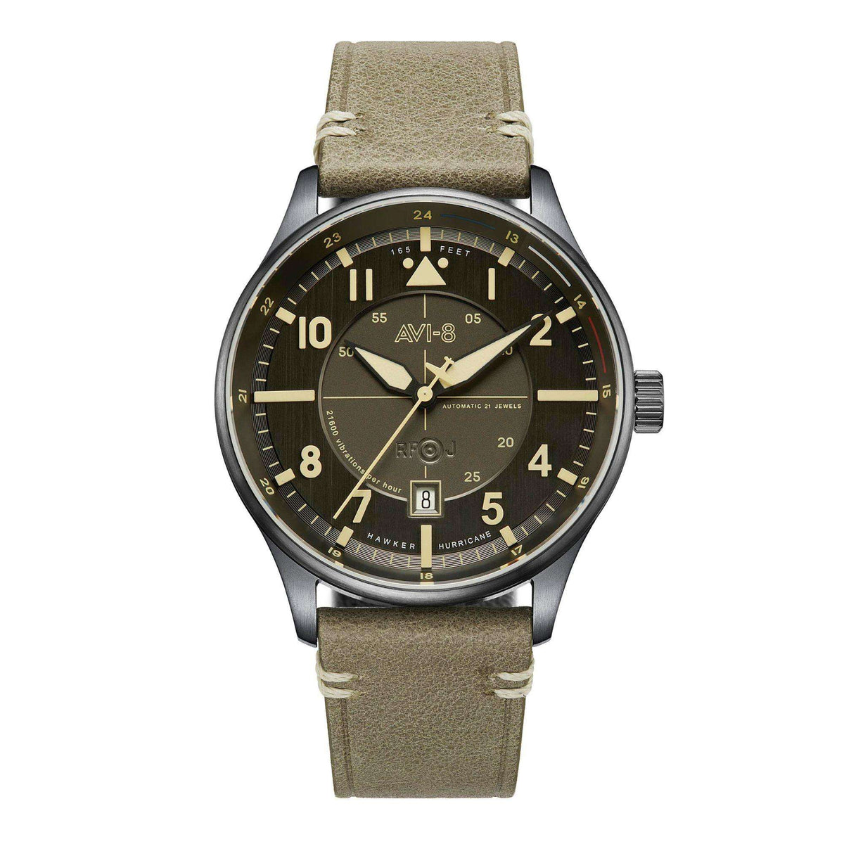 Men's automatic wristwatch with tan leather strap and dark dial with AV-8 details