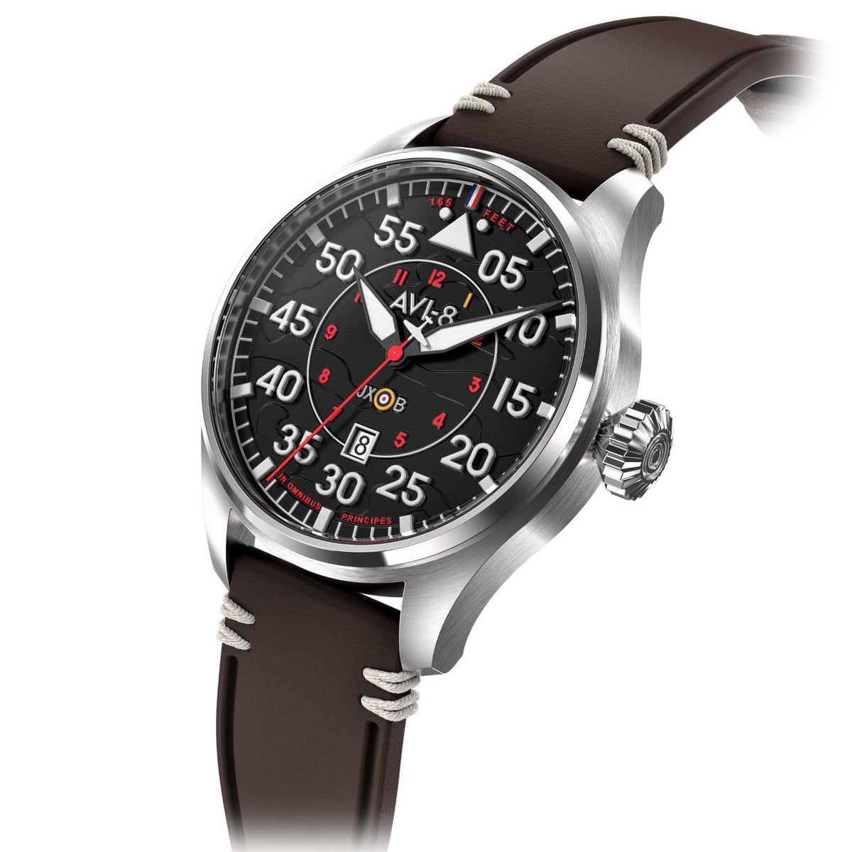 Men's automatic pilot watch side view, black dial with red markers and brown leather strap