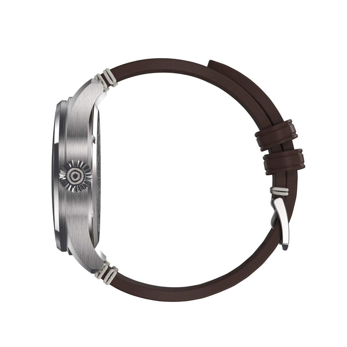 Men's automatic pilot watch back view, silver case and brown leather strap with buckle