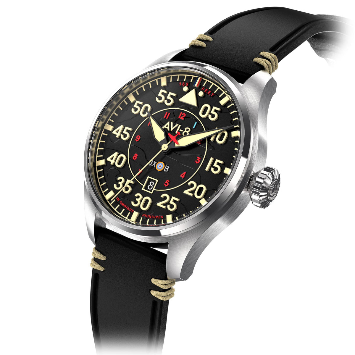 Men's automatic watch, black leather strap, silver case with crown, black dial with red/yellow details