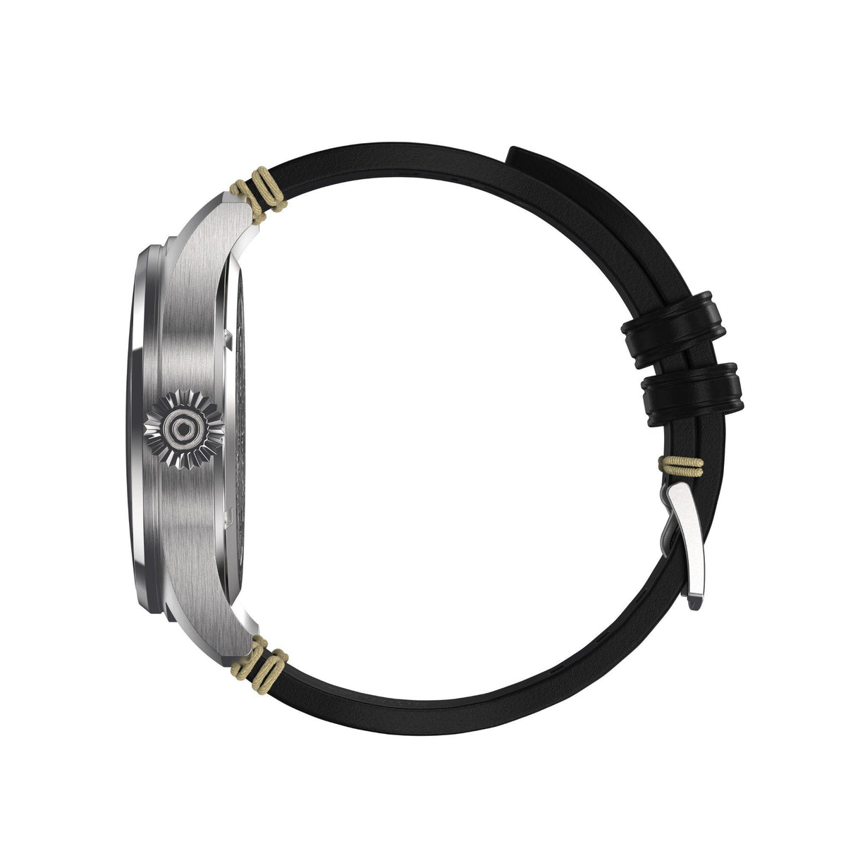 Men's watch case back, black leather strap with stitched ends, round stainless steel back
