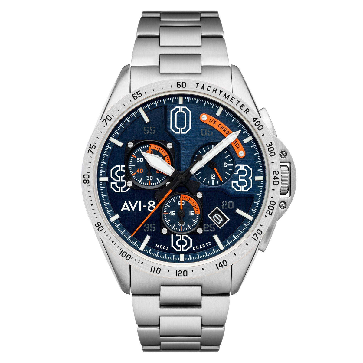AVI-8 men's chronograph watch with tachymeter bezel, blue dial and metal link strap