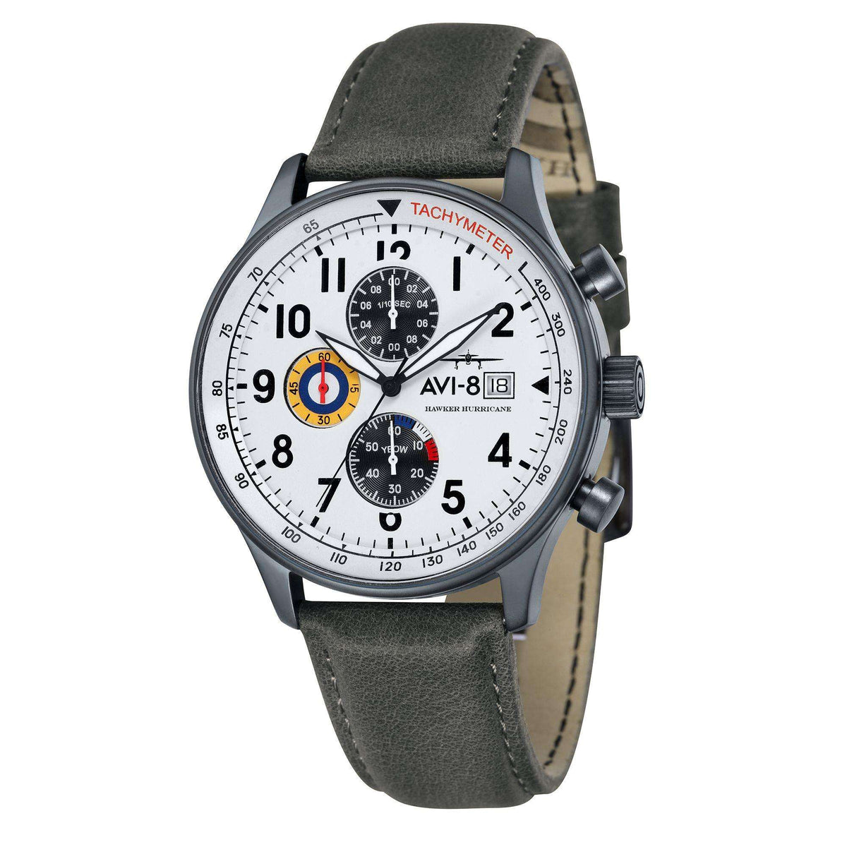 Mens aviator chronograph watch, white dial and grey leather strap with side crown pushers