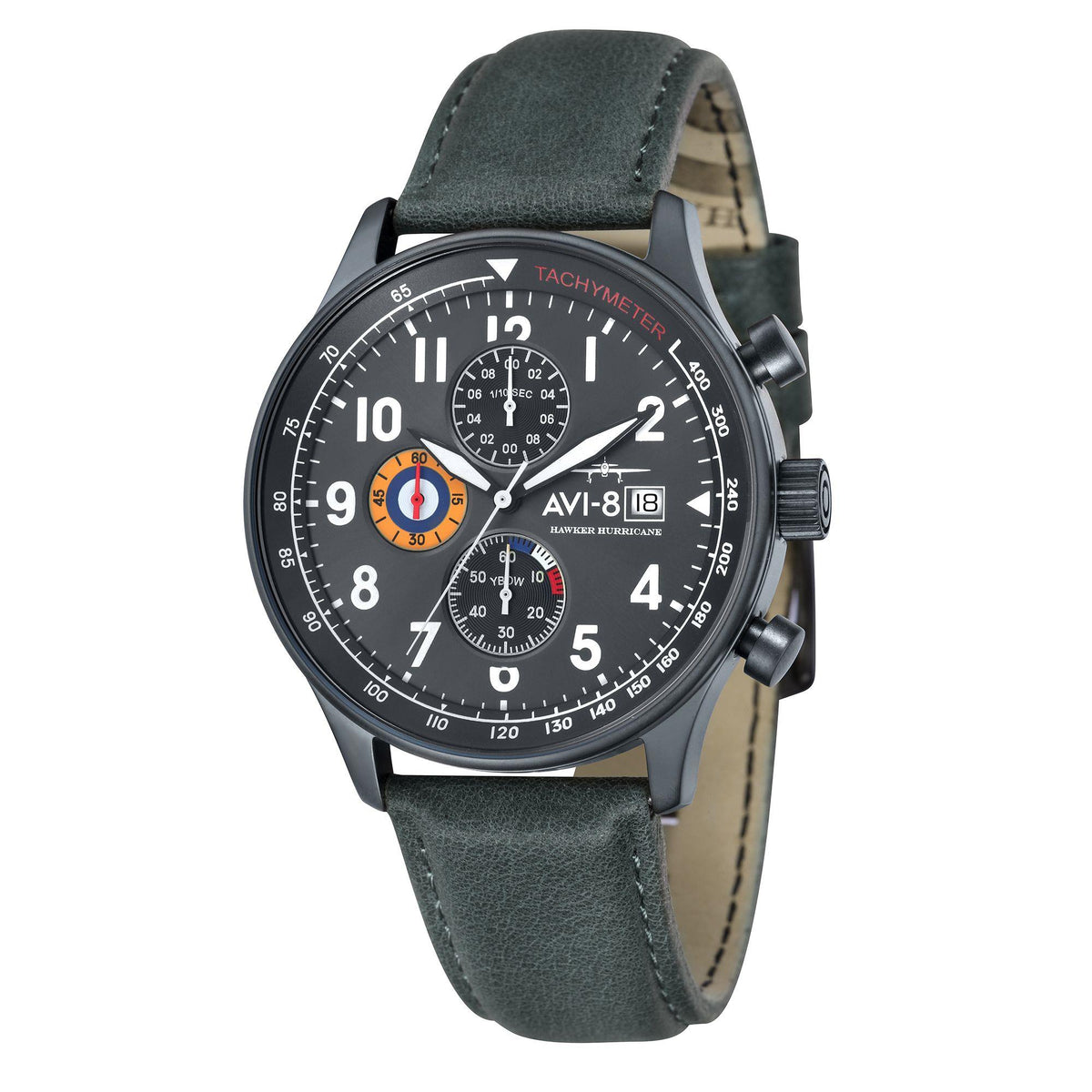 Men's chronograph wristwatch, black dial and green leather strap with side crown buttons