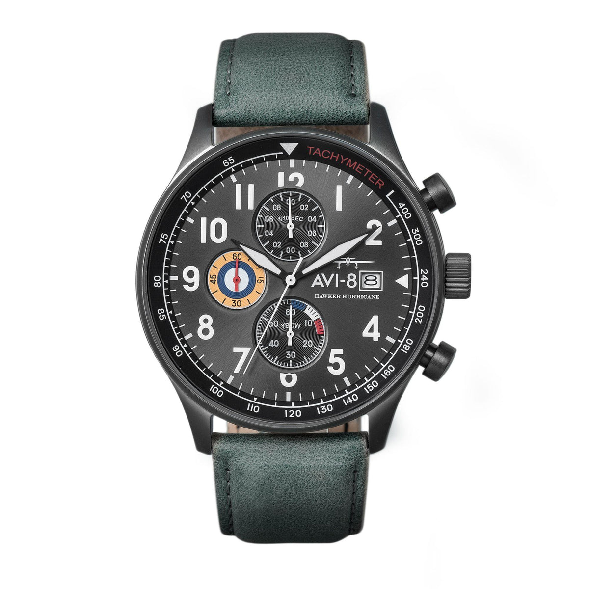 Men's chronograph wristwatch, black dial with tachymeter scale and green leather band