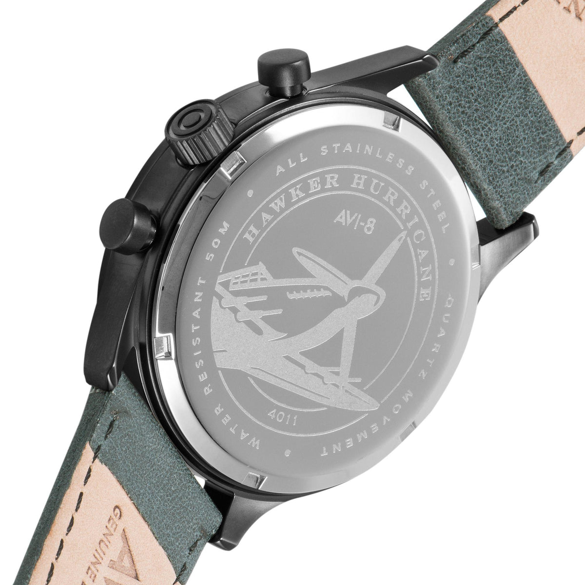 Men's AVI-8 leather strap watch with black case, grey dial, and green stitched strap