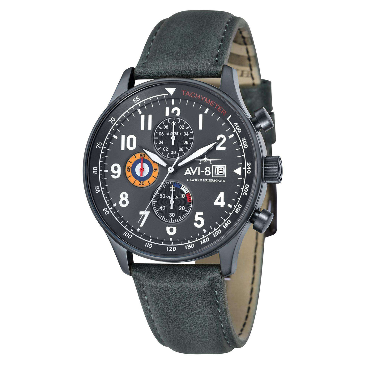 Men's chronograph wristwatch front view: black dial with multi-color subdials and green strap