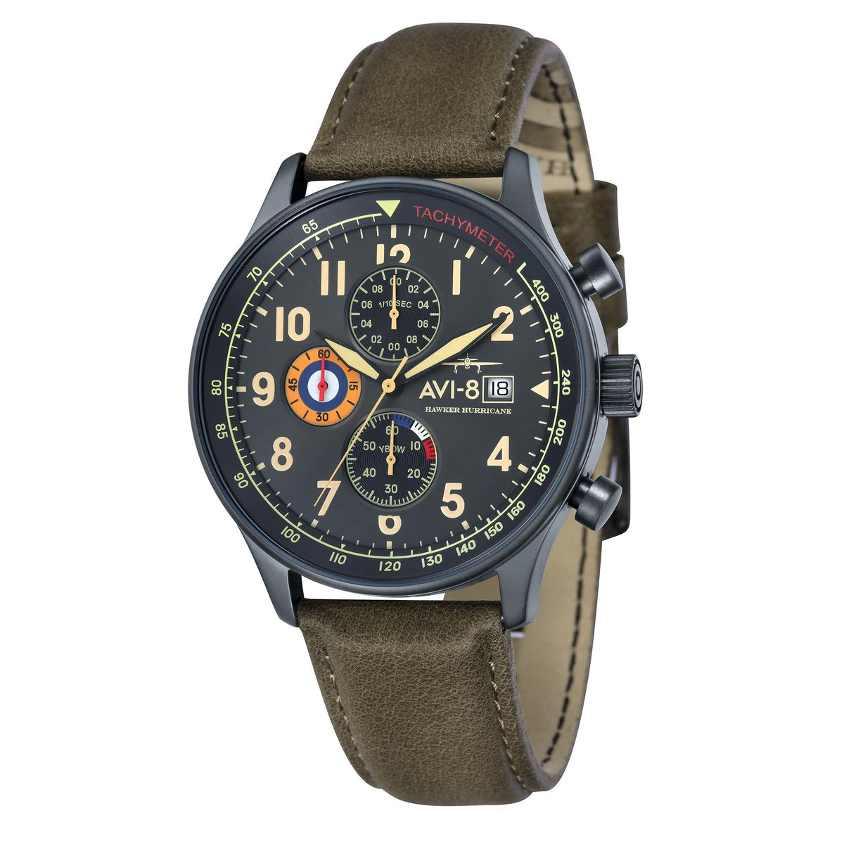 Men's aviator chronograph wristwatch with black dial and olive green leather strap