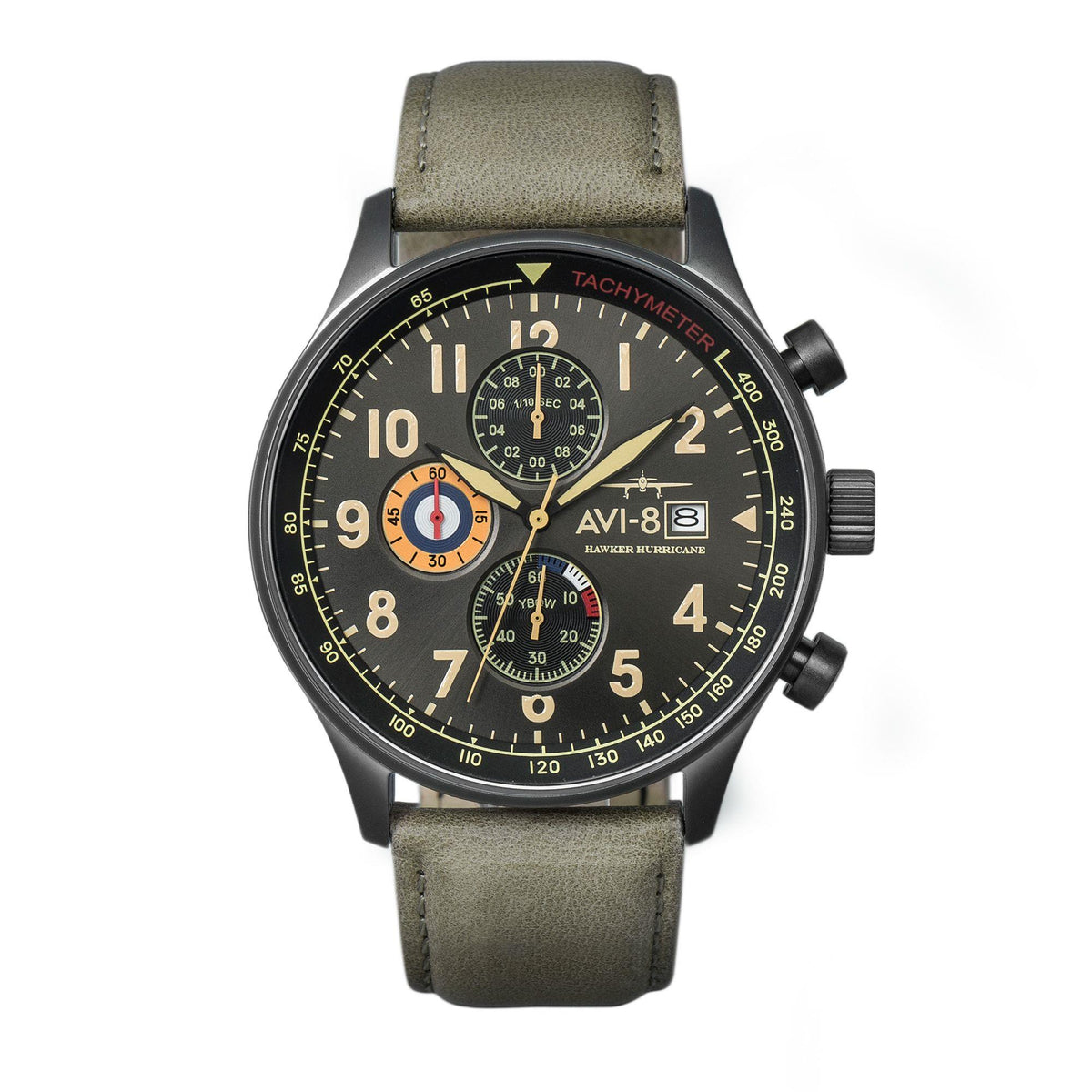 Men's aviator chronograph wristwatch with black dial and olive green leather strap