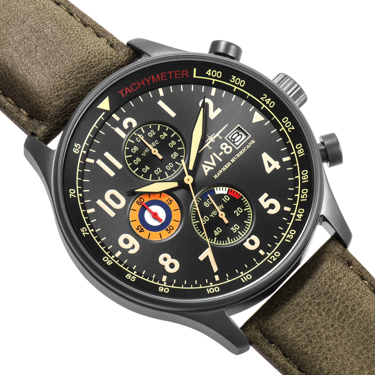 Aviator chronograph watch close-up with black dial, tachymeter ring, olive leather strap